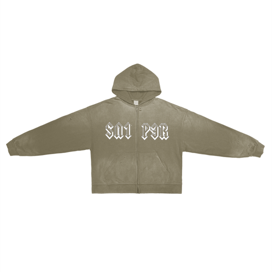 Post-Apocalyptic Aesthetic Pure Cotton Hand-Frayed Monkey Washed Zip Hoodie